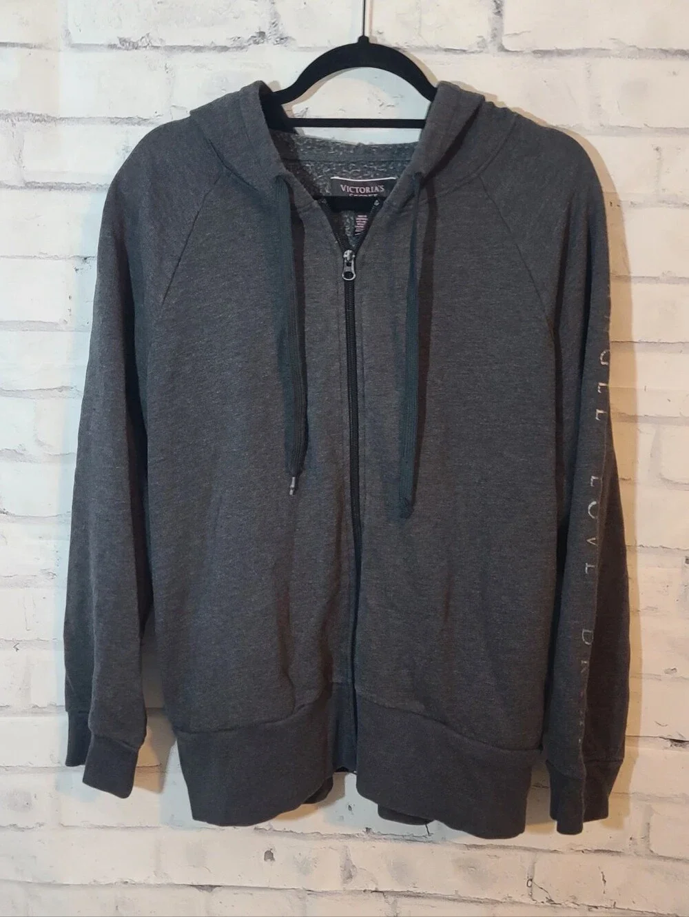 Victoria's Secret Love Gray Full Zip Hooded Fleece Hoodie w/ Pockets, L